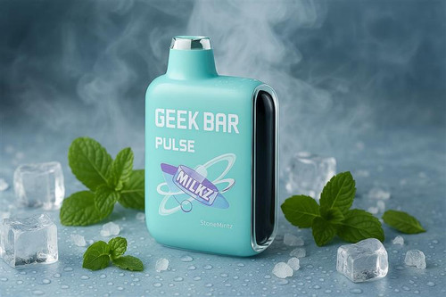 The image features a mint-green vaping device labeled "GEEK BAR PULSE" with the flavor "MILKZ" and "StoneMintz." The device has a sleek metallic top and a side opening. It is surrounded by ice cubes, fresh mint leaves, and a misty, smoky effect, visually reinforcing a cool and refreshing theme. The composition emphasizes a sense of chill and freshness, highlighting the flavor concept.