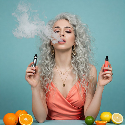 The image shows a person with long, curly, silver hair wearing a coral-colored dress. The person's face is blurred. The person is holding two vape devices, one in each hand. There is vapor coming out of the vape device in the person's left hand. The person is also wearing gold jewelry, including earrings and layered necklaces. In front of the person on the table, there are various citrus fruits, including oranges, a lime, a lemon, and a half-cut orange. The background is a solid light blue color. The image is interesting as it combines elements of vaping culture with fresh citrus fruits, possibly suggesting flavored vape liquids.