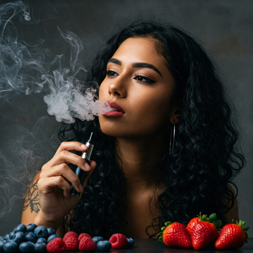 The image shows a person with long, curly hair holding a vape device in the left hand. The person is exhaling a cloud of vapor. In the foreground, there are various fruits including blueberries, raspberries, and strawberries arranged on a surface. The background is dark and neutral, which makes the vapor and fruits stand out. This image is interesting because it juxtaposes the act of vaping with fresh fruits, possibly suggesting a flavor or theme related to the vape.