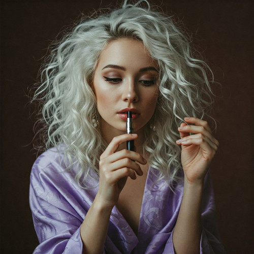 The image shows a person with curly, platinum blonde hair wearing a light purple robe with a floral pattern. The person is holding a small rectangular object with both hands, positioned in front of the face. The background is dark, which makes the light-colored hair and robe stand out. The image is interesting due to the contrast between the dark background and the light elements, as well as the texture of the curly hair and the silky robe.