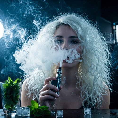 The image shows a person with curly, platinum blonde hair holding a vape device and exhaling a large cloud of vapor. The person's face is blurred. In the foreground, there is a glass filled with fresh mint leaves and several ice cubes scattered on the table. The background is dark, with a bright light source visible on the left side, creating a dramatic contrast and highlighting the vapor. The image is interesting because it captures the act of vaping in a visually striking manner, with the vapor and lighting adding a sense of atmosphere and focus on the subject.