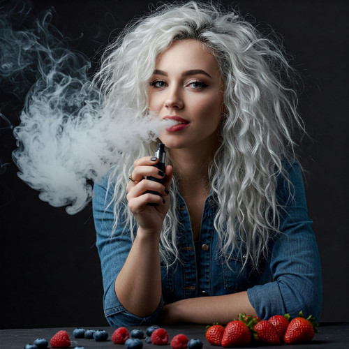 The image shows a person with long, curly, white hair holding a vape device and exhaling a large cloud of vapor. The person's face is blurred. The person is wearing a denim shirt and has black nail polish. In the foreground, there is a table with various berries, including strawberries, blueberries, and raspberries. The background is dark, which makes the vapor and the person's hair stand out more prominently. This image is interesting because it combines the act of vaping with fresh fruits, possibly suggesting a flavor or theme related to the vape.