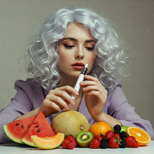 The image shows a person with curly, light-colored hair holding a vape pen. The person's face is blurred. The person is wearing a light purple top. In front of the person, there is an assortment of fruits, including watermelon slices, cantaloupe, kiwi, strawberries, raspberries, blackberries, an orange, and a lemon. The image is interesting because it juxtaposes the modern habit of vaping with a variety of fresh fruits, possibly suggesting a contrast between natural and artificial elements.