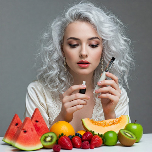 The image shows a person with curly, white hair holding a vape device in one hand and a small bottle in the other hand. In front of the person, there is a variety of fresh fruits arranged on a table, including watermelon slices, an orange, a cantaloupe slice, green apples, strawberries, raspberries, blueberries, and a kiwi. The person is wearing a light-colored garment with lace details. The combination of the vape device and the assortment of fruits suggests a possible connection to fruit-flavored vape liquids or a healthy lifestyle juxtaposed with vaping.