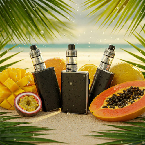 The image shows three vape devices standing upright on a sandy beach, surrounded by various tropical fruits. The fruits include a sliced mango, a halved passion fruit, a halved papaya, and whole oranges. The background features palm leaves and a blurred view of the ocean, suggesting a tropical or beach setting. Water droplets are visible on the vape devices and fruits, adding a fresh and appealing look to the scene. This image is interesting as it combines the concept of vaping with a tropical, refreshing environment, possibly implying flavors or a lifestyle associated with these elements.