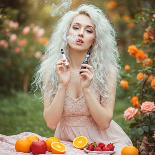 The image shows a person with long, curly, platinum blonde hair sitting outdoors in a garden setting. The person's face is blurred. The person is holding two vaping devices, one in each hand, with smoke visible above the head. The person is wearing a light pink lace dress. In front of the person, there is a blanket with various fruits placed on it, including whole oranges, a red apple, halved oranges, and a plate of strawberries. The background features blooming flowers, predominantly roses, in shades of pink and orange. The image is interesting because it combines elements of nature with modern vaping devices, creating a contrast between the natural and the artificial.