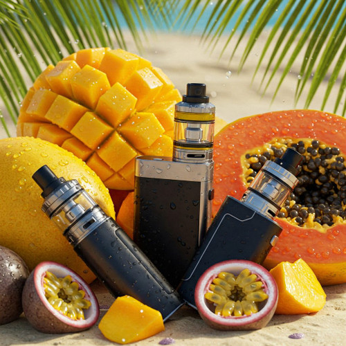 The image shows a scenic beach with turquoise water and white sand. In the foreground, there are three disposable vape devices in vibrant colors&mdash;blue, green, and orange&mdash;standing upright on the sand. Surrounding the vape devices are scattered seashells, adding to the beach vibe. In the background, there are tall palm trees with lush green leaves swaying in the breeze, and the azure coastline stretches out under a clear blue sky. The combination of the colorful vapes and the picturesque beach setting creates a visually appealing and tropical atmosphere, capturing the essence of a relaxing day in paradise.