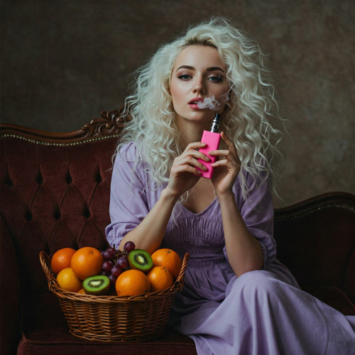 The image shows a person with long, curly, blonde hair sitting on a dark red, vintage-style sofa. The person's face is blurred. The person is wearing a light purple dress and holding a pink vape device close to the mouth. In front of the person, there is a wicker basket filled with various fruits, including oranges, kiwis, and grapes. The background is a plain, dark wall, which contrasts with the vibrant colors of the fruits and the person's attire. This image is interesting because it combines elements of modern lifestyle (vaping) with a classic, almost rustic setting (the vintage sofa and wicker basket of fruits).