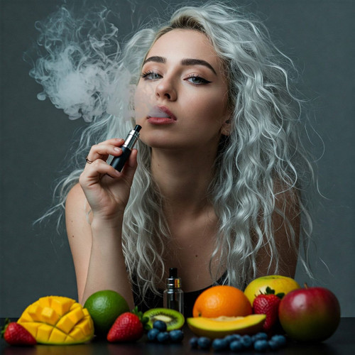 The image shows a person with long, wavy, light-colored hair holding a vape device and exhaling vapor. The person's face is blurred. In front of the person, there is a variety of fruits arranged on a table, including a sliced mango, a lime, strawberries, a kiwi, blueberries, an orange, and an apple. There is also a small bottle, possibly containing e-liquid, placed among the fruits. The combination of vaping and the assortment of fruits suggests a possible connection to fruit-flavored e-liquids or a healthy lifestyle contrast.