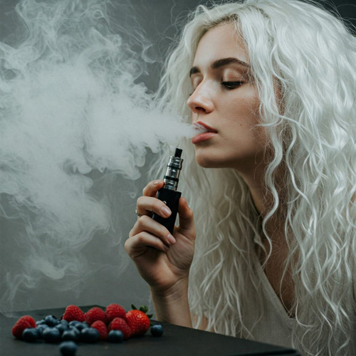 The image shows a person with long, wavy, white hair holding a vape device and exhaling a large cloud of vapor. The person's face is blurred. In the foreground, there is a table with a small pile of mixed berries, including strawberries and blueberries. The image is interesting as it combines the act of vaping with the presence of fresh berries, possibly suggesting a flavor or theme related to the vape.