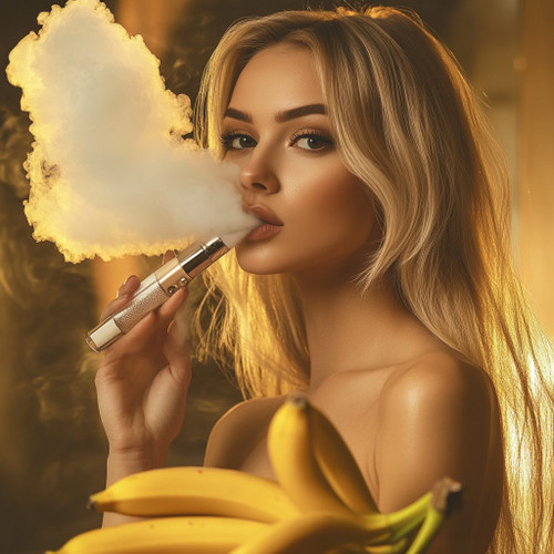 The image shows a person holding a vape device, exhaling a large cloud of vapor. The vapor cloud is shaped somewhat like a heart. In the foreground, there is a bunch of bananas. The image is interesting due to the artistic and somewhat surreal combination of elements: the heart-shaped vapor cloud and the bananas, which add a unique and unexpected twist to the scene.