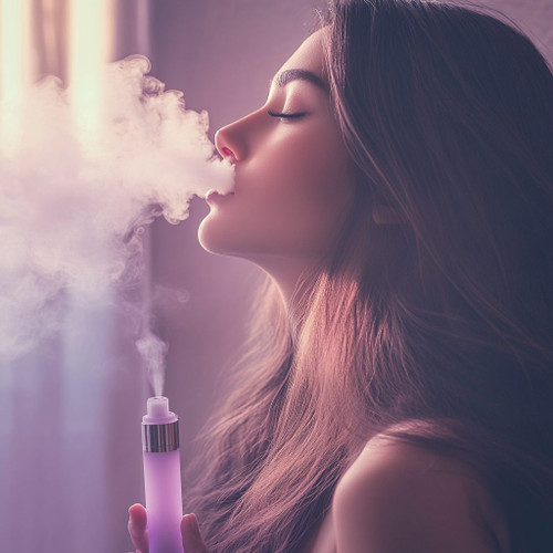 The image shows a person holding a purple vape device, with vapor being exhaled from the mouth. The person's face is blurred, and the background is softly lit, creating a warm and hazy atmosphere. The focus is on the act of vaping and the vapor cloud produced. This image is interesting as it captures the popular activity of vaping, highlighting the device and the vapor in a visually appealing manner.