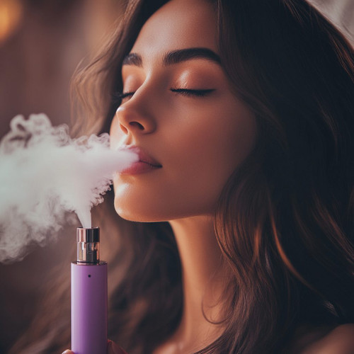 The image shows a person holding a purple vape device, with vapor being exhaled from the device. The person's face is blurred, and the background is out of focus. The vape device is cylindrical with a metallic top and a small hole near the bottom. The image is interesting as it highlights the act of vaping, which is a popular alternative to smoking traditional cigarettes.