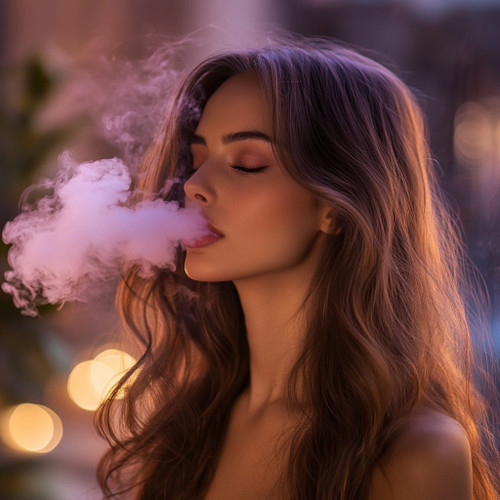 The image shows a person with long, wavy hair exhaling a cloud of vapor, likely from a vape device. The background is softly lit with bokeh lights, creating a warm and ambient atmosphere. The person's face is blurred out, focusing attention on the act of vaping and the vapor cloud. This image is interesting as it captures the aesthetic and cultural aspects of vaping, highlighting the visual appeal of the vapor against a visually pleasing background.