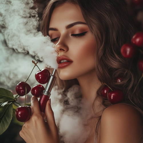 The image shows a person holding a vape device in one hand, surrounded by a cloud of vapor. The person is also holding a branch with several ripe cherries attached to it. The scene is set against a background that includes more cherries and leaves, creating a natural and somewhat artistic composition. The combination of the vape device and the cherries suggests a possible flavor or theme related to cherry vaping. The image is interesting due to its blend of natural elements with modern vaping culture, creating a visually appealing and thematic representation.