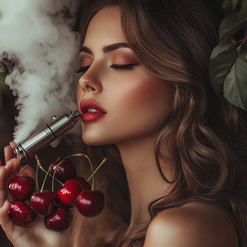 The image shows a person holding a bunch of cherries in one hand and a vape device in the other hand. The vape device is emitting a large cloud of vapor. The person's hair is wavy and brown, and there are green leaves visible in the background. The combination of the cherries and the vape device creates an interesting contrast between natural fruit and modern technology.