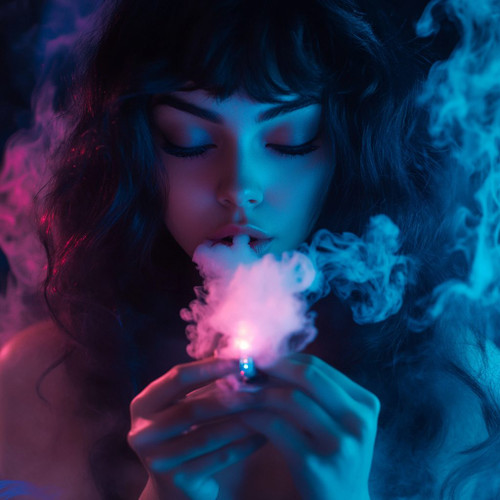 The image features a person with long, wavy hair holding a small object emitting smoke, likely a vaping device. Their face is blurred, enhancing the mysterious atmosphere. The scene is illuminated by vivid blue and pink lights, casting an ethereal glow over the composition. Swirling smoke surrounds their hands and face, creating a dreamlike effect. The dramatic use of lighting and colors gives the image a surreal, modern aesthetic.