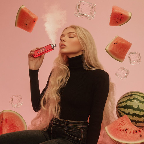 The image shows a person with long blonde hair, wearing a black turtleneck and dark jeans, holding a red vape device and exhaling vapor. The background is pink, and there are floating elements around the person, including slices of watermelon and ice cubes. There is also a whole watermelon at the bottom right of the image. The person's face is blurred. The image is interesting because it combines the act of vaping with the visual elements of watermelon and ice, possibly suggesting a watermelon-flavored vape.