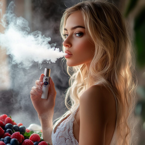 The image shows a person with long blonde hair holding a vape device, exhaling a large cloud of vapor. The person's face is blurred. The person is wearing a white lace top. In the foreground, there is a variety of berries, including strawberries, raspberries, and blueberries. The image is interesting as it combines elements of vaping culture with a natural, fresh setting represented by the berries.