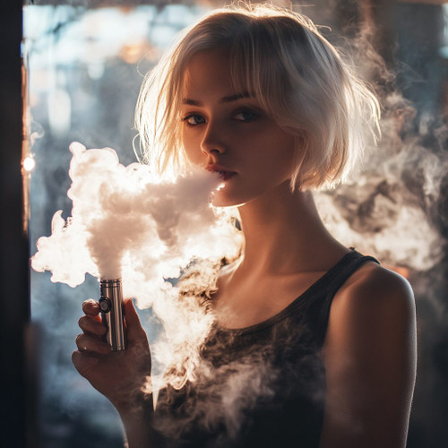 The image shows a person with short blonde hair holding a vape device. Their face is blurred, focusing attention on the act of vaping. A large cloud of vapor is visible, prominently filling the scene. The background is softly blurred with a bokeh effect created by scattered light sources. The overall composition emphasizes the dramatic presence of the vapor cloud, giving the image a modern, atmospheric feel.
