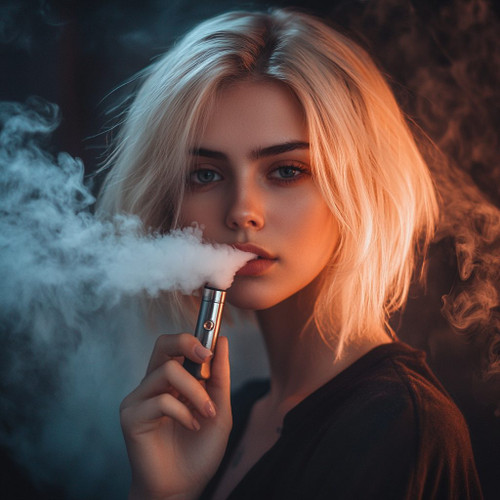The image features a person with blonde hair holding a vape device close to their mouth. A substantial amount of vapor surrounds the individual, creating a prominent visual effect. The background is dark, which enhances the visibility of the vapor. The person's face is intentionally blurred, maintaining anonymity and focusing attention on the vaping action itself. This composition emphasizes the act of vaping, making it a contemporary and visually striking scene.