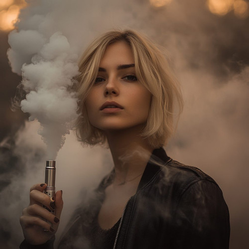 The image depicts a person with short blonde hair holding a vape device while exhaling a substantial cloud of vapor. The face of the person is intentionally blurred, drawing more focus to the vapor and the device. The individual is wearing a dark jacket, and the background is filled with even more vapor, creating a misty, almost atmospheric effect. This visual composition emphasizes the dramatic impact of the vapor cloud, aligning with the contemporary culture of vaping.