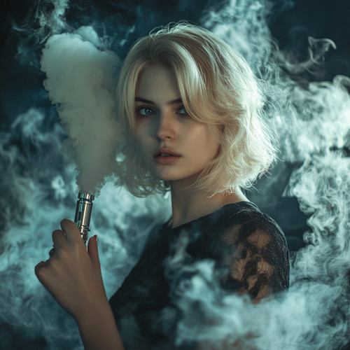 The image shows a person with blonde hair holding a vape device and exhaling a thick cloud of vapor. The background is dark, which enhances the visibility of the dense vapor swirling around the person. The individual's face is intentionally blurred, putting emphasis on the vaping action and the dramatic effect of the vapor. This creates a moody and atmospheric visual composition.