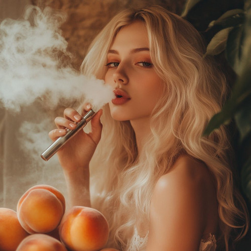 The image shows a person with long, wavy blonde hair holding a vape pen and exhaling vapor. The person is surrounded by several peaches, which are prominently displayed in the foreground. The background includes some greenery, adding a natural element to the scene. The combination of the vape pen and the peaches creates an interesting contrast between modern technology and natural fruit.