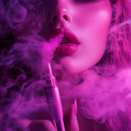 The image shows a hand holding a pink vape pen surrounded by wisps of pink smoke. The background is also predominantly pink, creating a vivid and monochromatic effect. The striking use of color draws attention to the vape pen, while the smoke adds a sense of movement and dynamism to the composition. This visually cohesive design emphasizes the modern and stylish theme of the vape device.