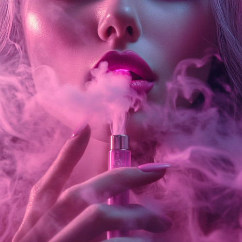 The image displays a hand holding a pink vape device surrounded by soft, swirling pink smoke. The hand features long, manicured nails that are painted to match the pink hue of the vape device. The background is entirely pink, creating a monochromatic and harmonious visual aesthetic. This composition emphasizes style and coordination, making the image striking and visually appealing.