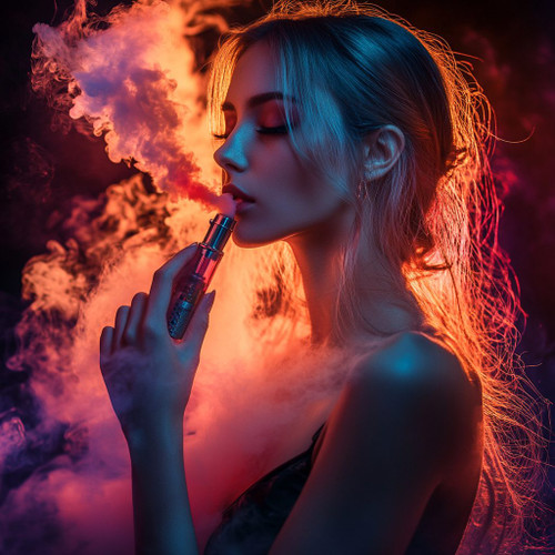 The image shows a person holding a vape device while exhaling a massive, colorful cloud of vapor. The background features intense red and purple lighting, which enhances the drama and vibrancy of the scene. The face of the person is intentionally blurred, drawing all attention to the swirling vapor and the vivid interplay of lights. This composition creates a bold and striking visual effect, blending modern vaping culture with artistic lighting.