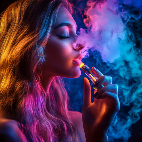 The image features a person with long, wavy hair illuminated by vibrant and colorful lighting in shades of orange, pink, and blue. They are holding a vape pen, and the scene is filled with thick clouds of vapor that swirl around them. The dynamic interplay of light and smoke creates a striking and artistic atmosphere, making the composition visually captivating and modern. The overall effect is both dramatic and aesthetically engaging, blending technology with an ethereal touch.