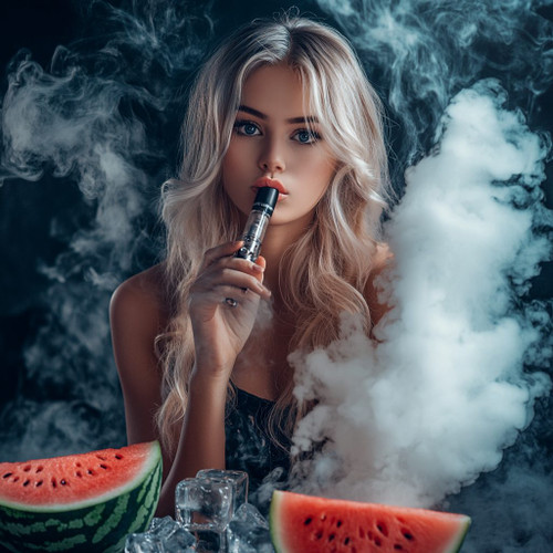 The image features a person with long blonde hair, holding a vaping device and exhaling a thick cloud of vapor. The face of the individual is intentionally blurred, maintaining a sense of mystery. The foreground highlights two large watermelon slices accompanied by scattered ice cubes, adding a fresh, summery vibe. The dark background contrasts sharply with the bright colors of the watermelon and the white vapor, emphasizing the elements and creating a visually striking composition. This blend of modern vaping culture with natural, refreshing fruit accents evokes a sense of coolness and vitality.