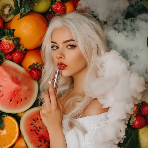 The image shows a person with long, light-colored hair holding a vape pen. The person's face is intentionally blurred. Surrounding them is an assortment of vibrant fruits, including strawberries, oranges, kiwis, and watermelon slices, arranged beautifully. A significant amount of vapor or smoke is visible, especially on the right side of the image. The person is wearing a white, off-the-shoulder top, which adds a touch of simplicity that contrasts with the colorful fruits. This image stands out for its dynamic mix of modern vaping culture and the lively, natural appeal of fresh fruits.