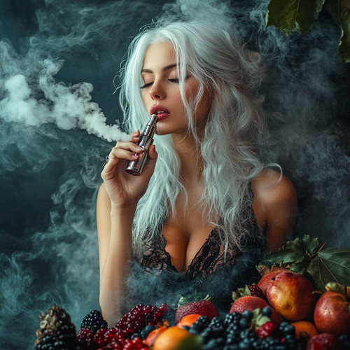 The image features a person with long, white hair, dressed in a black lace top, holding a vape device. A large, dense cloud of vapor is being exhaled, adding a dramatic and smoky ambiance. In the foreground, a vibrant assortment of fruits is artistically arranged, including apples, blackberries, raspberries, and blueberries. The background is dark, intensifying the contrast with the white vapor and colorful fruits. The person’s face is intentionally blurred, adding an element of mystery. This composition creates an intriguing juxtaposition between the natural and the modern.