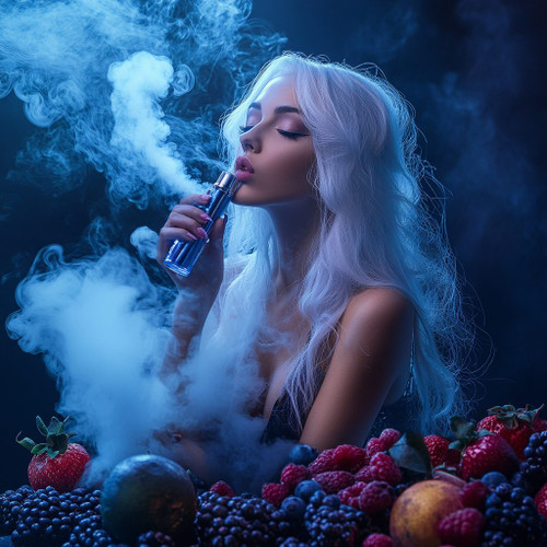The image depicts a person with long, white hair holding a vape device and exhaling a dense cloud of vapor. Their face is intentionally blurred, adding an enigmatic quality. The foreground showcases a colorful assortment of fruits like strawberries, raspberries, blueberries, and blackberries, arranged artfully. A moody blue light illuminates the scene, enhancing the contrast against the dark background. This setup combines a modern, tech-oriented element (the vape) with the natural vibrancy of fruits, creating a dynamic and atmospheric composition.
