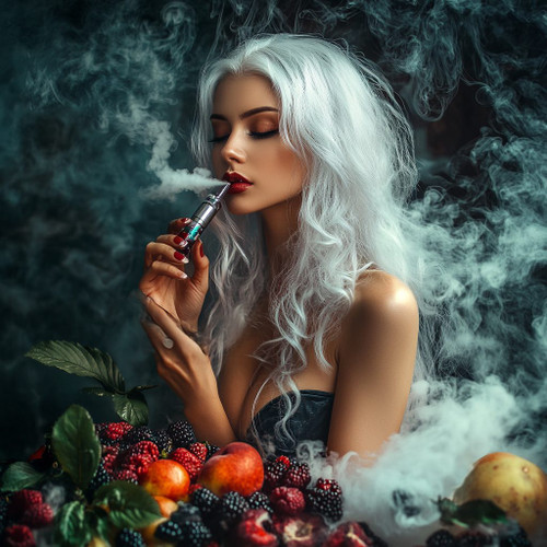 The image depicts a person with long, white hair holding a vape pen and exhaling vapor. Their face is blurred, adding a sense of anonymity. The background is filled with swirling smoke, creating a moody and atmospheric ambiance. In the foreground, there’s an artistic arrangement of fruits, including apples, blackberries, raspberries, and green leaves, adding vibrant natural elements. The juxtaposition of modern vaping with the organic colors of the fruits creates a striking and visually compelling composition.