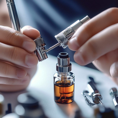The image shows a close-up of hands assembling or filling a vape device. One hand is holding the main body of the vape, while the other hand is attaching or adjusting a component, possibly the tank or coil. There is a small bottle of e-liquid with a dark amber color on the table, which is likely being used to fill the vape. Various other vape components and tools are also visible on the table. This image is interesting and relevant as it depicts the detailed process of maintaining or preparing a vape device, which is important for users to ensure proper functionality and safety.