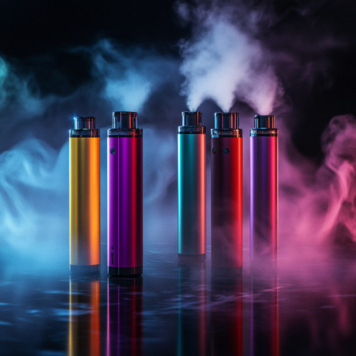 The image shows five colorful vape pens standing upright on a reflective surface. Each vape pen is emitting vapor, creating a smoky atmosphere around them. The vape pens are in different colors: yellow, pink, teal, red, and purple. The background is dark, which makes the colors of the vape pens and the vapor stand out vividly. The image is visually striking due to the contrast between the bright colors of the vape pens and the dark background, as well as the dramatic effect of the vapor.