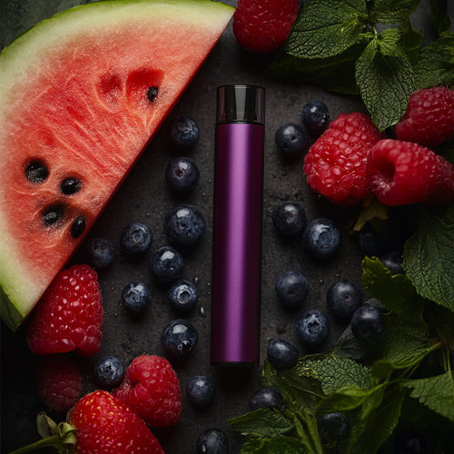 The image shows a purple cylindrical object, likely an electronic vaping device, placed centrally on a dark surface. Surrounding the device are various fruits, including a large slice of watermelon, several raspberries, blueberries, and some green mint leaves. The vibrant colors of the fruits contrast with the dark background and the sleek, metallic appearance of the vaping device, making the composition visually appealing. This image is interesting as it juxtaposes natural, fresh elements with a modern, synthetic product, possibly suggesting a flavor or scent associated with the fruits depicted.