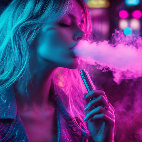 The image shows a person holding a vape device and exhaling a large cloud of vapor. The scene is illuminated with vibrant neon lights, predominantly in shades of pink and blue, creating a visually striking and atmospheric effect. The person's hand is adorned with rings, and the background appears to be an urban setting with blurred lights, suggesting a nightlife environment. This image is interesting as it captures the modern trend of vaping and the aesthetic appeal of neon lighting in photography.