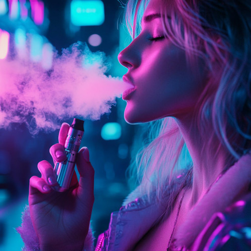 The image shows a person holding a vape device and exhaling a cloud of vapor. The scene is illuminated with vibrant neon lights in shades of pink and blue, creating a visually striking and atmospheric effect. The person's face is partially obscured, focusing attention on the act of vaping and the colorful surroundings. This image is interesting due to its use of dramatic lighting and color to highlight the vaping activity, making it visually appealing and relevant in the context of modern lifestyle and culture.