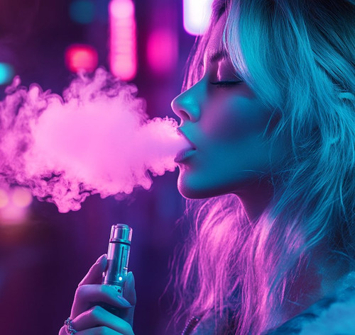 The image shows a person holding a vape device. The person is exhaling a cloud of vapor, which is illuminated by colorful lights, creating a vibrant and visually striking effect. The background is blurred with various colored lights, adding to the overall aesthetic of the image. The person's hair is visible on the right side of the image, and it appears to be dyed in a bright color, further enhancing the vividness of the scene. The image is interesting due to its use of colorful lighting and the dynamic visual of the vapor cloud.