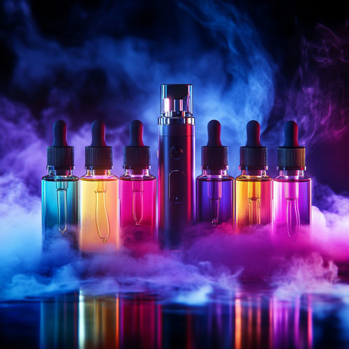 The image shows a collection of vaping products. There are five dropper bottles filled with colorful liquids, arranged in a row. Each bottle has a black dropper cap. In the center of the image, there is a sleek, black vape device standing upright. The background is filled with colorful smoke, creating a vibrant and visually striking scene. The colors of the liquids in the bottles and the smoke range from blue, yellow, pink, and purple, adding to the overall aesthetic appeal of the image. This image is interesting and relevant as it showcases vaping products in a visually appealing manner, highlighting the variety of e-liquid colors and the modern design of the vape device.