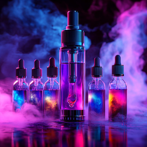 The image shows a collection of vaping equipment and e-liquids. In the center, there is a large vape device with a transparent tank filled with a vibrant purple liquid. Surrounding the central vape device are five smaller dropper bottles, each containing colorful e-liquids in shades of blue, purple, and orange. The background is filled with swirling smoke in hues of pink and blue, creating a visually striking and atmospheric scene. This image is interesting and relevant as it highlights the variety and aesthetic appeal of vaping products, showcasing the colorful and artistic presentation of e-liquids.
