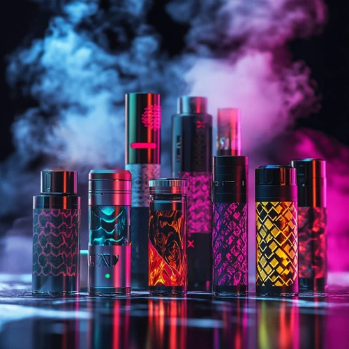 The image shows a collection of vape devices arranged in a row. Each vape device has a unique design and color pattern, with some featuring intricate geometric patterns and others displaying vibrant, swirling colors. The background is filled with colorful smoke, predominantly in shades of blue and pink, creating a visually striking and dynamic scene. The image is interesting and relevant as it showcases the variety and aesthetic appeal of modern vape devices, highlighting their design diversity and the visual impact of the vapor they produce.