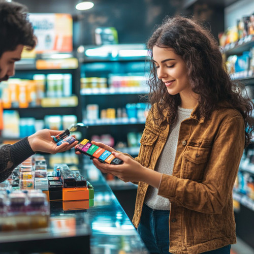 The image shows a scene inside a store where a person is purchasing disposable vapes. The person on the right, wearing a brown jacket, is holding several colorful vape packages in one hand and is receiving a vape from another person on the left. The store shelves in the background are stocked with various products, indicating a retail environment. This image is interesting as it captures a moment of transaction and highlights the variety of vape products available.
