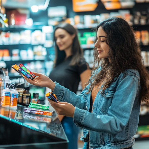 The image shows two individuals in what appears to be a store. The person in the foreground, wearing a denim jacket, is holding several disposable vape pens and examining them. The store shelves in the background are stocked with various products, including bottles and boxes, suggesting that this is a retail environment, possibly a convenience store or a specialty shop for vaping products. The second person is standing behind the first, also looking at the products on the shelves. The image is interesting as it captures a moment of decision-making in a retail setting, highlighting the variety of disposable vape options available to consumers.