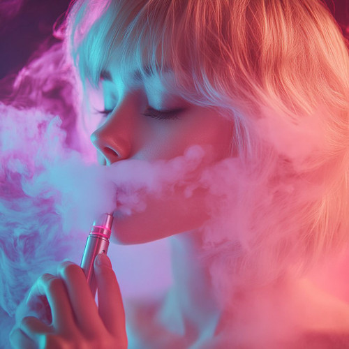 The image shows a hand holding a sleek vape pen surrounded by swirling clouds of colorful smoke. The vibrant smoke is illuminated with hues of pink and blue, creating a striking, almost neon-like effect. The background is softly blurred, drawing attention to the interplay of the hand, the vape pen, and the vivid colors in the smoke. This composition feels modern and visually captivating, emphasizing the dynamic use of light and texture.