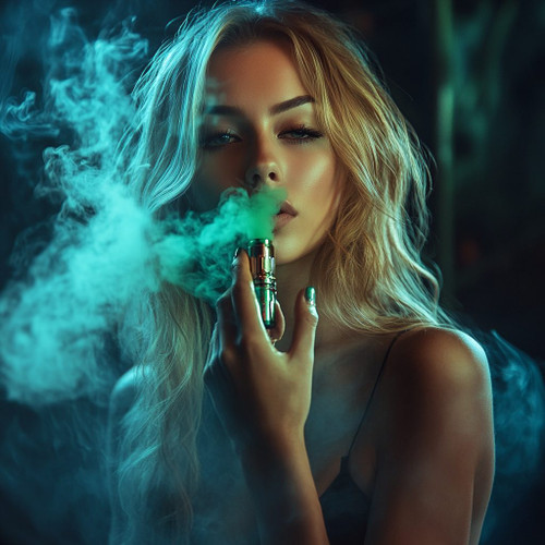 The image features a person with long blonde hair holding a vape device close to their mouth, releasing a dense cloud of vapor. Their face is intentionally blurred, directing the focus to the vaping activity itself. The setting has a dark background with a greenish-blue tint, which adds a dramatic and moody atmosphere. The vapor creates a misty effect around the individual, enhancing the visual impact and emphasizing the act of vaping.